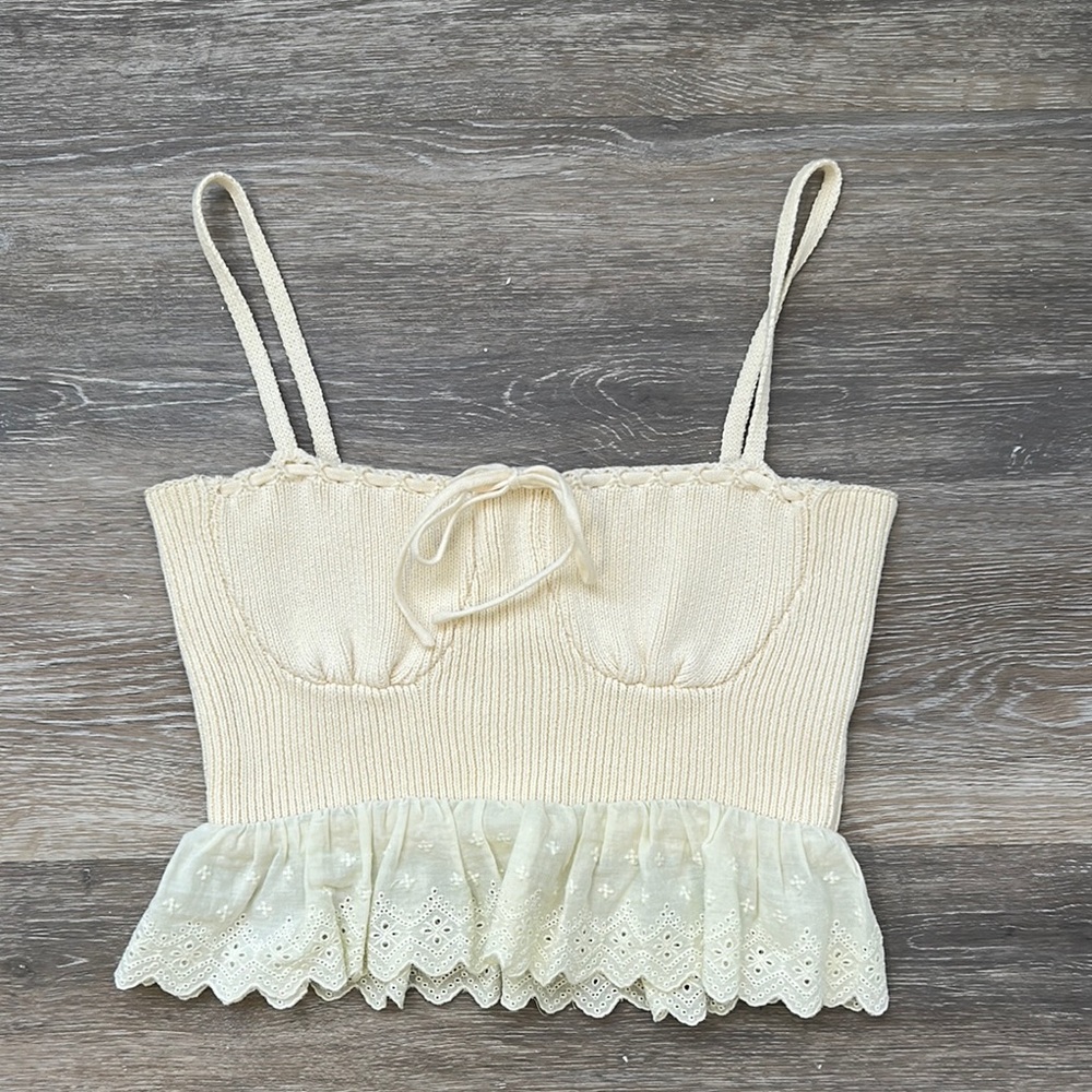 Cream Lace Trim Knit Crop Top